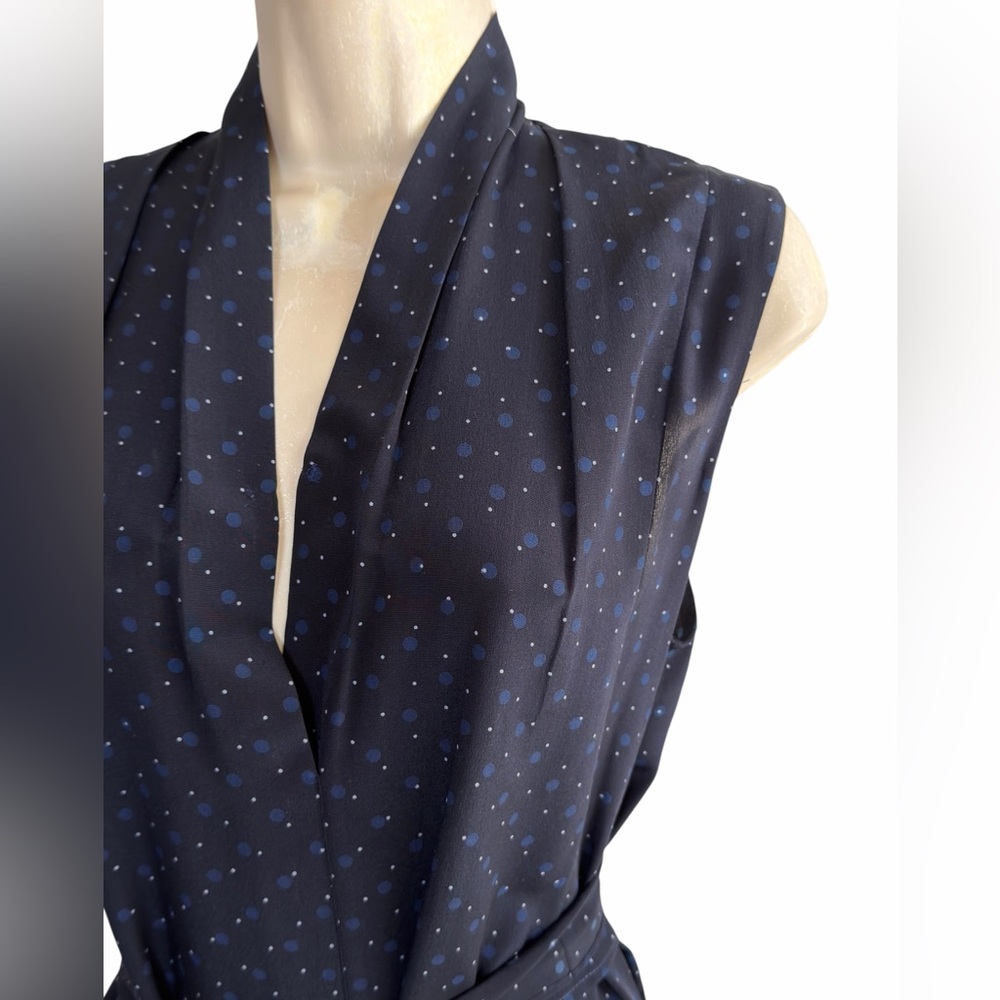 Vince Blue Silk Polka Dot Midi Dress M Sleeveless V Neck Casual Cocktail Pockets - Picture 11 of 16